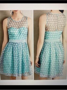 Moulinette Soeurs Aqua Lace Illusion Neck Fit-and-Flare Dress